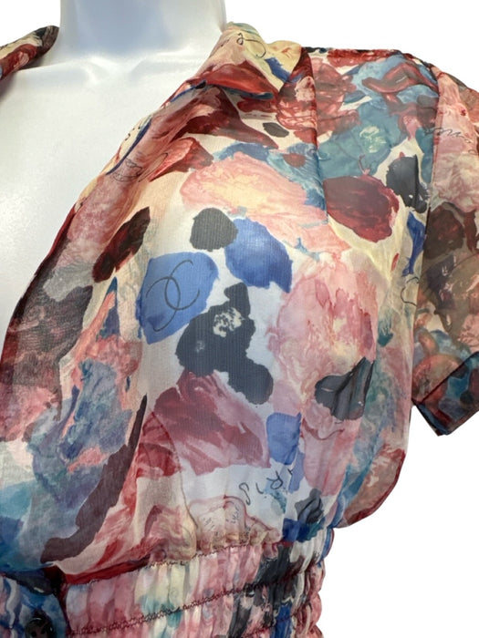 Chanel Size 2 Pink, Blue & Multi Silk Chiffon Floral Short Sleeve Top Pink, Blue & Multi / 2