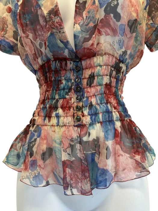 Chanel Size 2 Pink, Blue & Multi Silk Chiffon Floral Short Sleeve Top Pink, Blue & Multi / 2