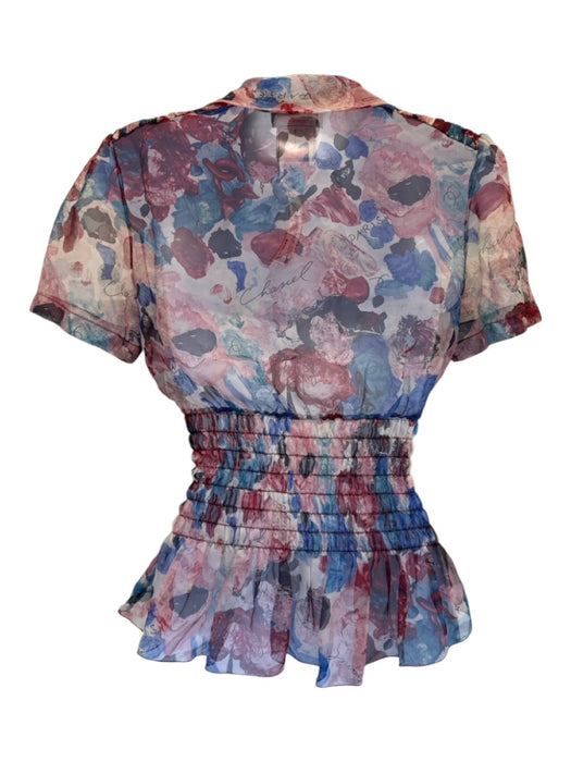 Chanel Size 2 Pink, Blue & Multi Silk Chiffon Floral Short Sleeve Top Pink, Blue & Multi / 2
