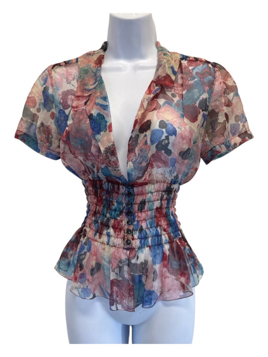 Chanel Size 2 Pink, Blue & Multi Silk Chiffon Floral Short Sleeve Top Pink, Blue & Multi / 2