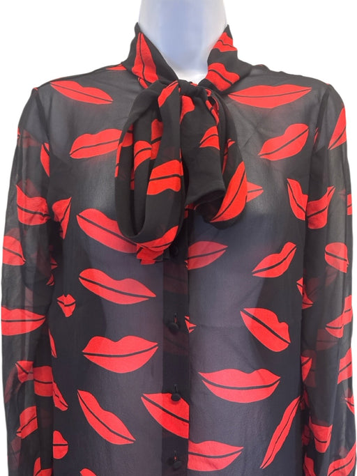 Saint Laurent Size 38 Black & Red Silk Chiffon Lips Long Sleeve Semi Sheer Top Black & Red / 38