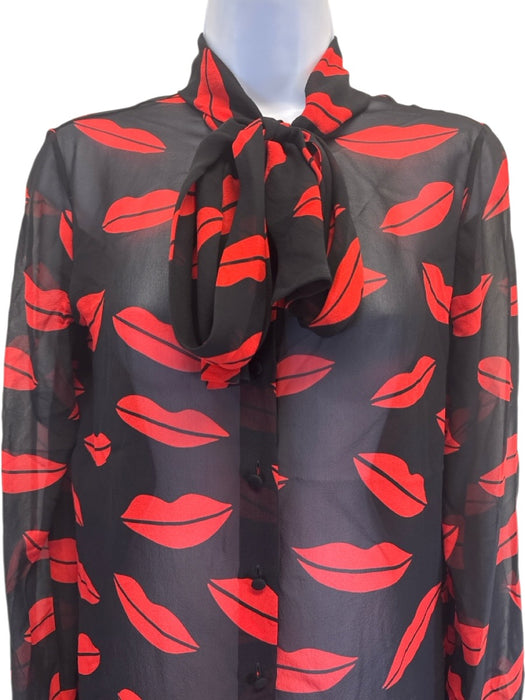 Saint Laurent Size 38 Black & Red Silk Chiffon Lips Long Sleeve Semi Sheer Top Black & Red / 38