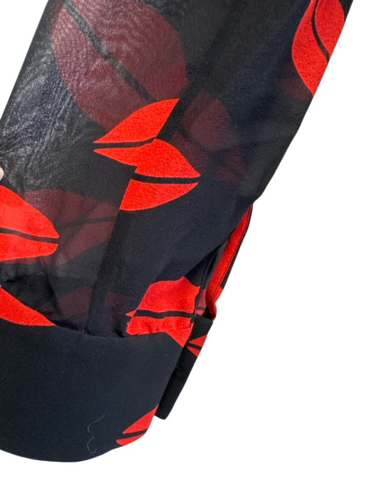 Saint Laurent Size 38 Black & Red Silk Chiffon Lips Long Sleeve Semi Sheer Top Black & Red / 38
