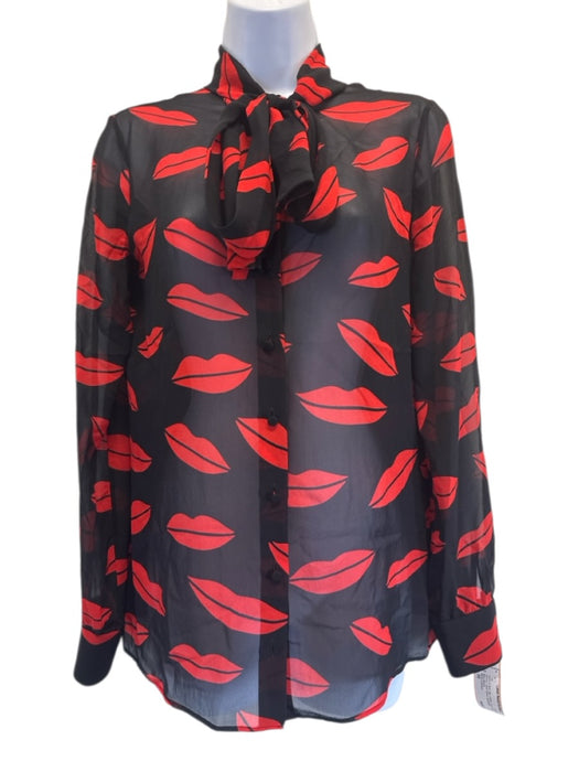 Saint Laurent Size 38 Black & Red Silk Chiffon Lips Long Sleeve Semi Sheer Top Black & Red / 38