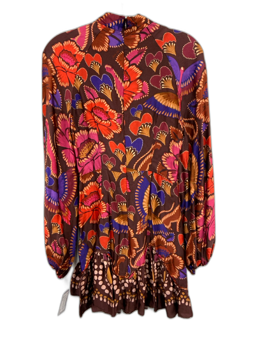 Farm Rio Size S Brown & Multi Viscose & Rayon Long Sleeve Floral high neck Dress Brown & Multi / S