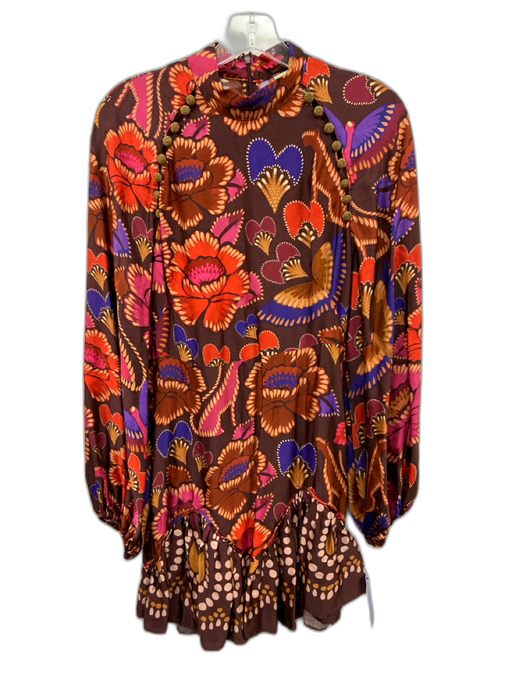 Farm Rio Size S Brown & Multi Viscose & Rayon Long Sleeve Floral high neck Dress Brown & Multi / S