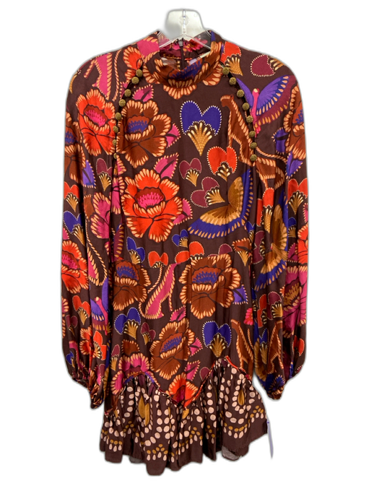 Farm Rio Size S Brown & Multi Viscose & Rayon Long Sleeve Floral high neck Dress Brown & Multi / S