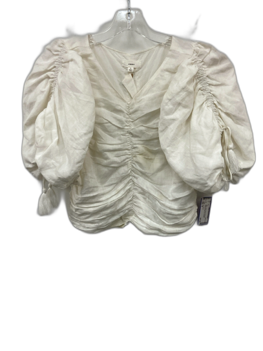 A Loves A Size M White Ramie Short Puff Sleeve Gathered Back Zip Top White / M