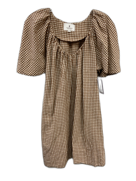 Tuckernuck Size S Brown & White Cotton Gingham Short Sleeve Knee Length Dress Brown & White / S