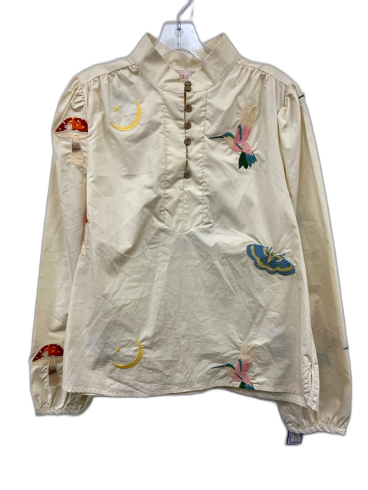 Ciebon Size M Beige & Multi Cotton Long Sleeve Embroidered Graphics Buttons Top Beige & Multi / M