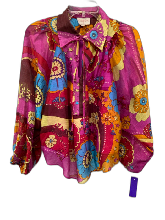 Ciebon Size XS Purple & Multi Tencel Blend Long Sleeve Embroidered Graphics Top Purple & Multi / XS