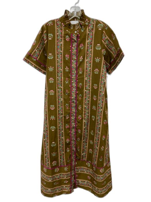 Entro Size S brown, purple, multi Cotton Short Sleeve Button Up Midi Dress brown, purple, multi / S