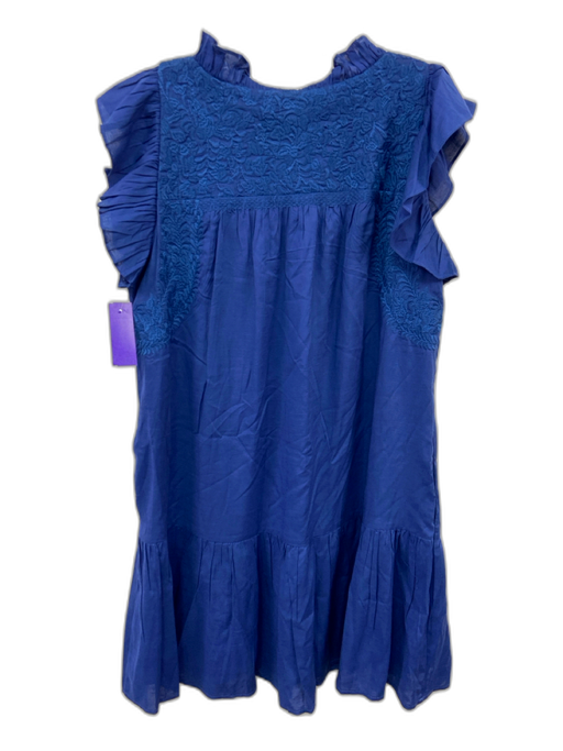 J. Marie Size M Blue Tencel & Cotton Embroidered Design Ruffle Cap Sleeve Dress Blue / M