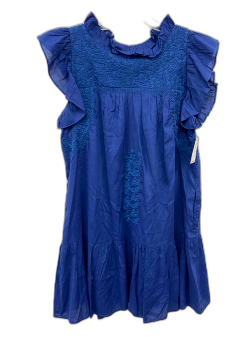 J. Marie Size M Blue Tencel & Cotton Embroidered Design Ruffle Cap Sleeve Dress Blue / M