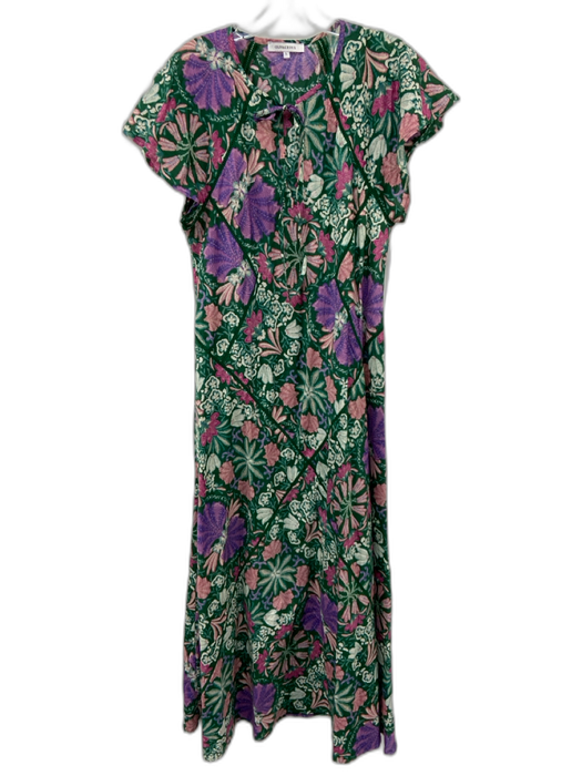 Olivaceous Size L Green, Purple, White Cotton Short Sleeve Floral Midi Dress Green, Purple, White / L