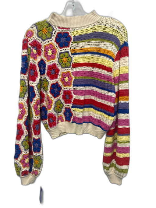 Farm Rio Size M White & Multi Cotton High Neck Knit Long Sleeve Crop Sweater White & Multi / M