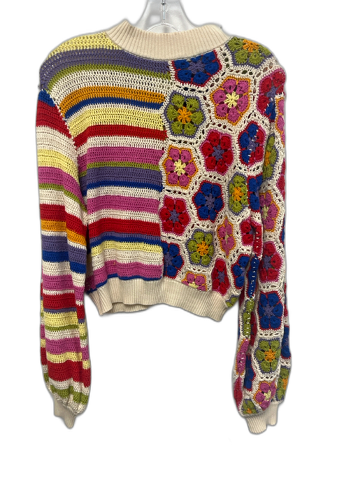 Farm Rio Size M White & Multi Cotton High Neck Knit Long Sleeve Crop Sweater White & Multi / M