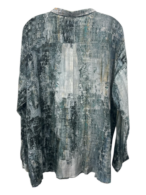 Johnny Was Size Large Green, Gray & Blue Silk Long Sleeve Abstract Side Slit Top Green, Gray & Blue / Large