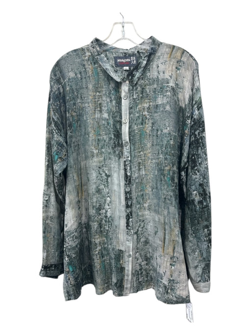 Johnny Was Size Large Green, Gray & Blue Silk Long Sleeve Abstract Side Slit Top Green, Gray & Blue / Large