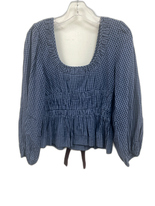 Damson Madder Size 10 Blue & Navy Cotton Long Sleeve Velvet Scoop Neck Top Blue & Navy / 10