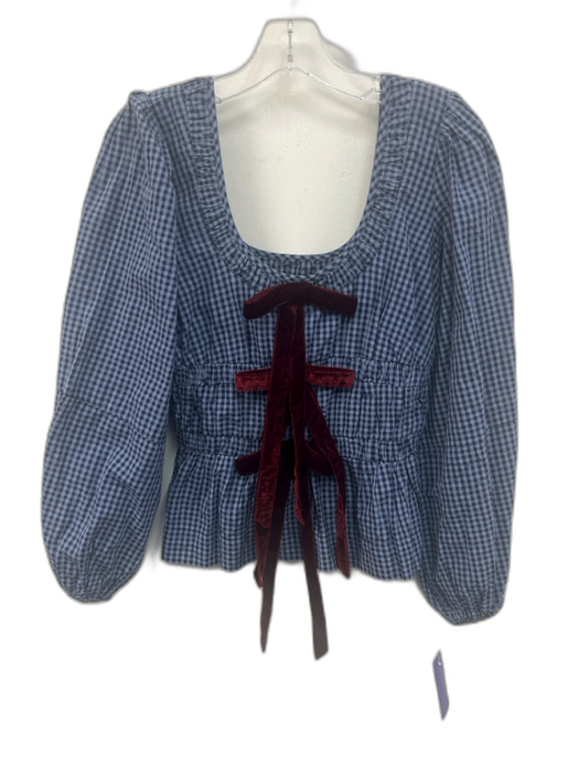Damson Madder Size 10 Blue & Navy Cotton Long Sleeve Velvet Scoop Neck Top Blue & Navy / 10