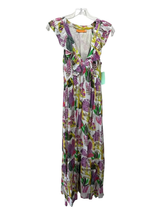 Oliphant Size XS White, Green, Purple Sleeveless Plants Ruffles Maxi Dress White, Green, Purple / XS