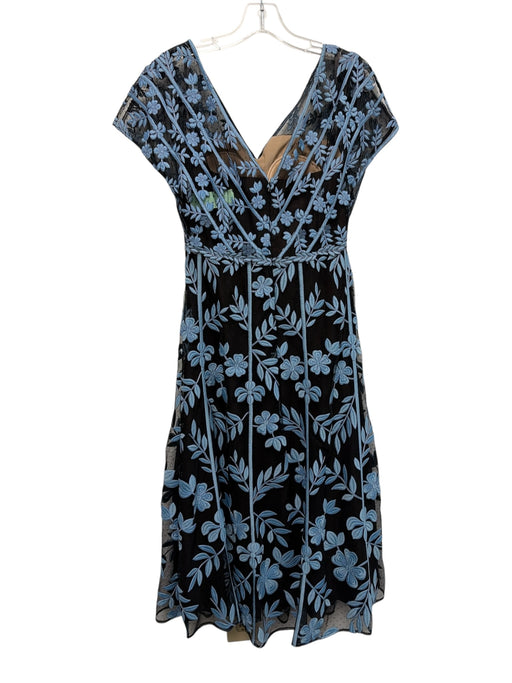 Lela Rose Size 4 Black & Blue Polyester Cap Sleeve Mesh Embroidered Midi Dress Black & Blue / 4