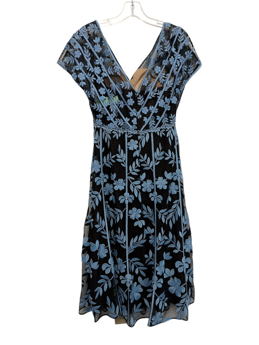 Lela Rose Size 4 Black & Blue Polyester Cap Sleeve Mesh Embroidered Midi Dress Black & Blue / 4