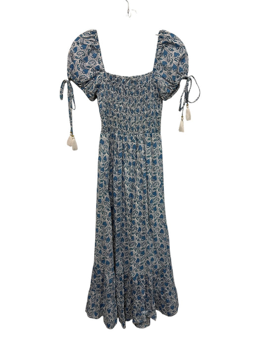 Perry Walker Size Est S Blue & White Cotton Cap Sleeve Square Neck Midi Dress Blue & White / Est S