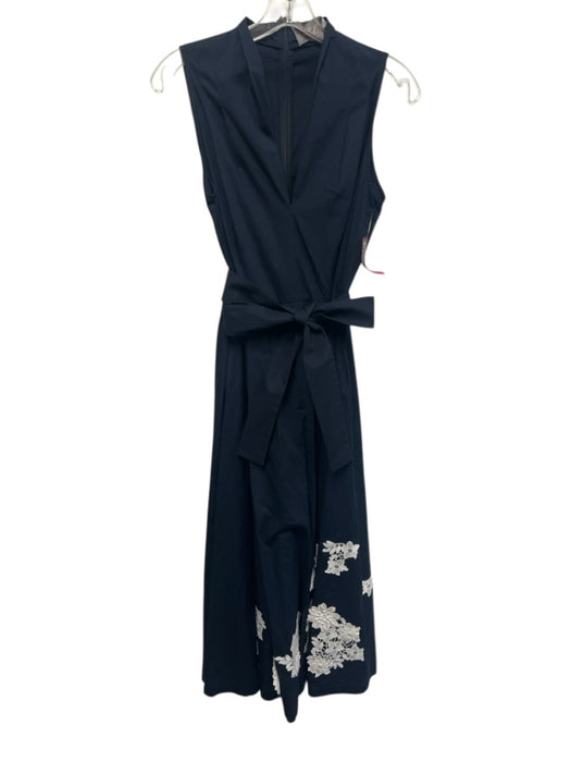 Lela Rose Size 2 Navy Blue & White Cotton Sleeveless Floral Applique Midi Dress Navy Blue & White / 2