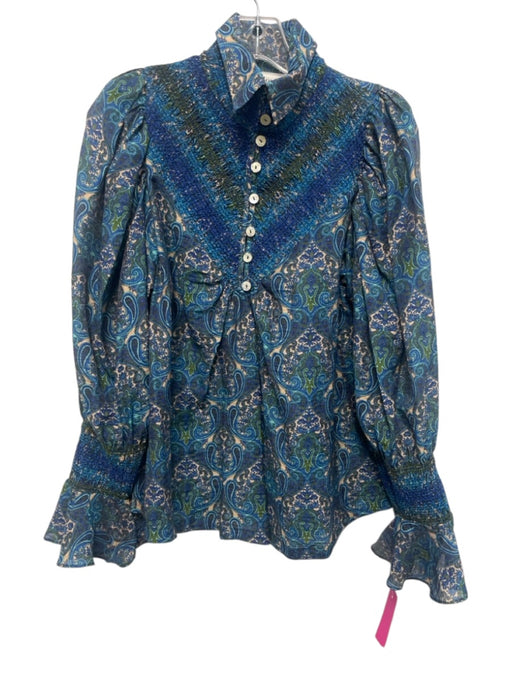 Hope for Flowers by Tracy Reese Size XS Blue, Green, Beige Tencel & Linen Top Blue, Green, Beige / XS