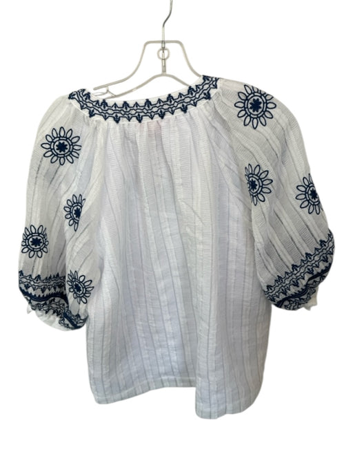 THML Size M White & Navy Polyester 3/4 Balloon Sleeve Embroidered Flowers Top White & Navy / M