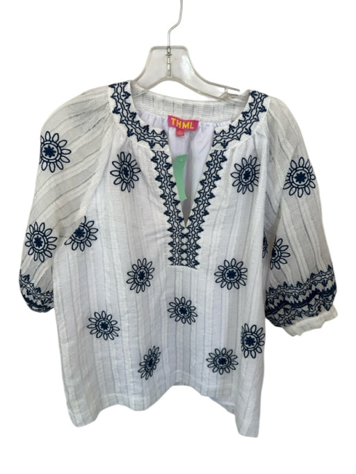 THML Size M White & Navy Polyester 3/4 Balloon Sleeve Embroidered Flowers Top White & Navy / M
