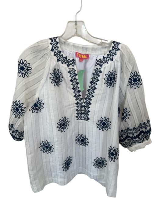 THML Size M White & Navy Polyester 3/4 Balloon Sleeve Embroidered Flowers Top White & Navy / M