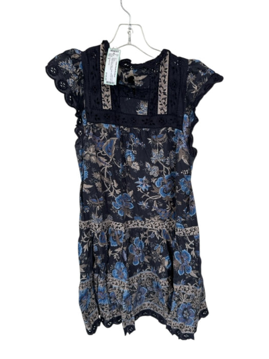 Sea New York Size S Navy & Tan Cotton Flutter Sleeves Lace Detail Flowers Dress Navy & Tan / S