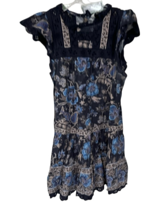 Sea New York Size S Navy & Tan Cotton Flutter Sleeves Lace Detail Flowers Dress Navy & Tan / S