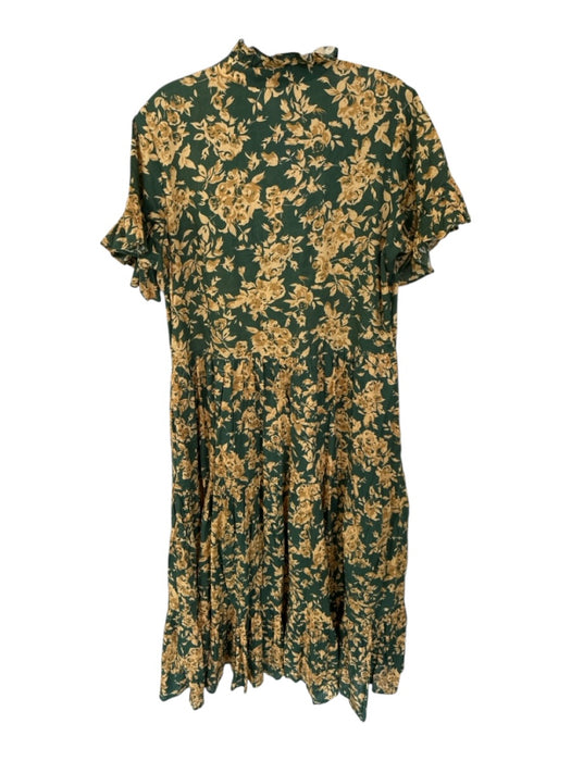Mille Resort & Travel Size S Green & Tan Cotton Short Sleeve Roses Ruffles Dress Green & Tan / S