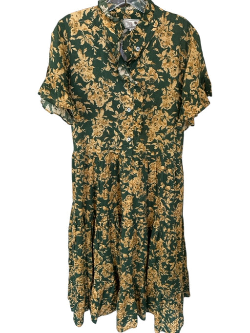Mille Resort & Travel Size S Green & Tan Cotton Short Sleeve Roses Ruffles Dress Green & Tan / S