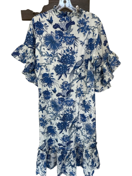 Fitzroy & Willa Size M White & Blue Cotton 3/4 Bell Sleeve Botanical Maxi Dress White & Blue / M