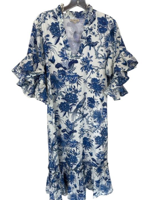 Fitzroy & Willa Size M White & Blue Cotton 3/4 Bell Sleeve Botanical Maxi Dress White & Blue / M