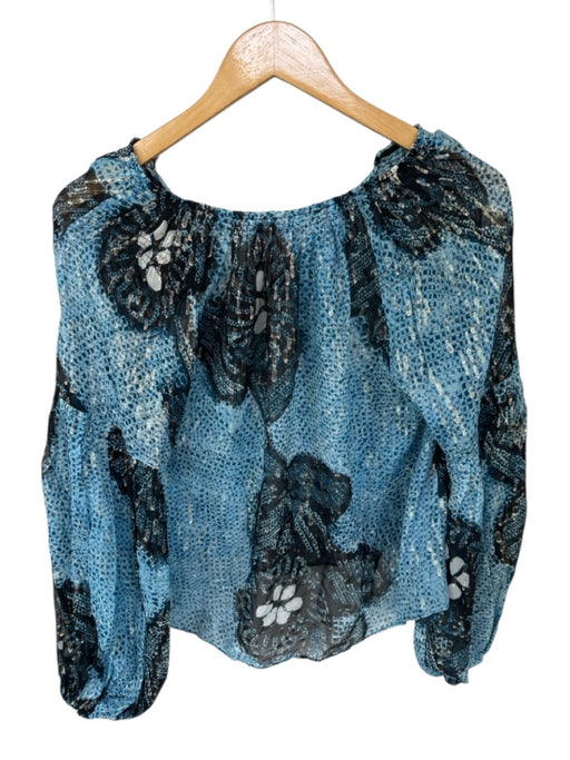 Ulla Johnson Size 6 Blue & Black Silk Long Balloon Sleeve Metallic Thread Top Blue & Black / 6