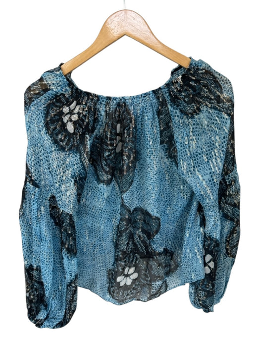 Ulla Johnson Size 6 Blue & Black Silk Long Balloon Sleeve Metallic Thread Top Blue & Black / 6