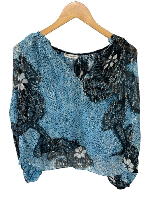 Ulla Johnson Size 6 Blue & Black Silk Long Balloon Sleeve Metallic Thread Top Blue & Black / 6