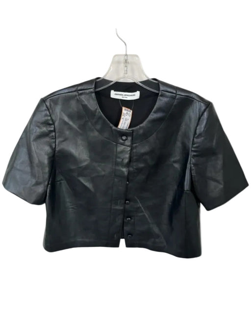 Amanda Uprichard Size S Black Vegan Leather Short Sleeve Button Down Cropped Top Black / S