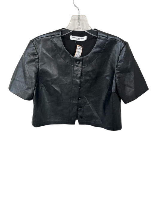 Amanda Uprichard Size S Black Vegan Leather Short Sleeve Button Down Cropped Top Black / S