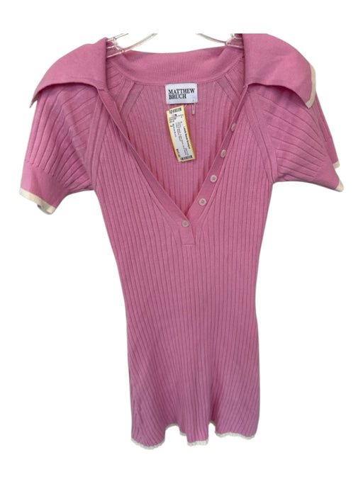 Matthew Bruch Size 2 Pink & White Cotton Blend Short Sleeve Collar Ribbed Dress Pink & White / 2