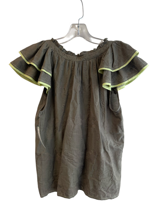 Omika Size S Green 100% Cotton Short Sleeve V Neck Embroidered Ruffle Detail Top Green / S