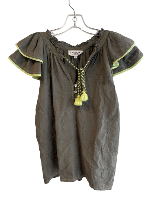 Omika Size S Green 100% Cotton Short Sleeve V Neck Embroidered Ruffle Detail Top Green / S