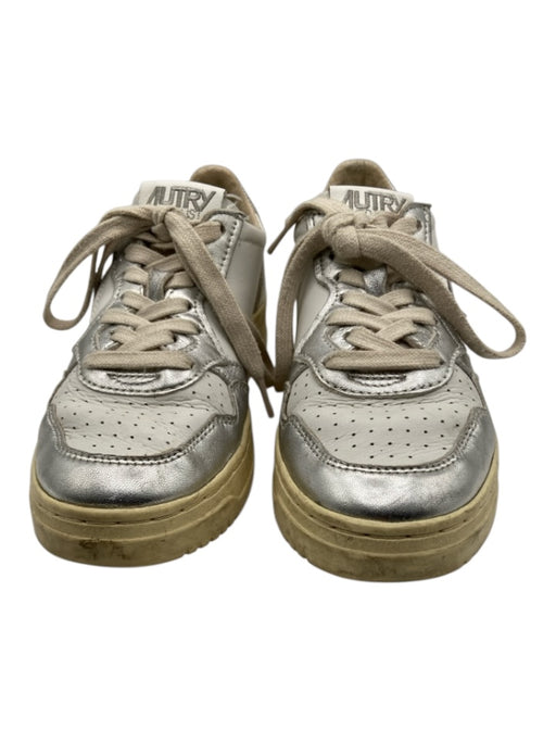 Autry Shoe Size 37 White & Silver Leather Upper Lace Up Low Top Bi-Color Shoes White & Silver / 37