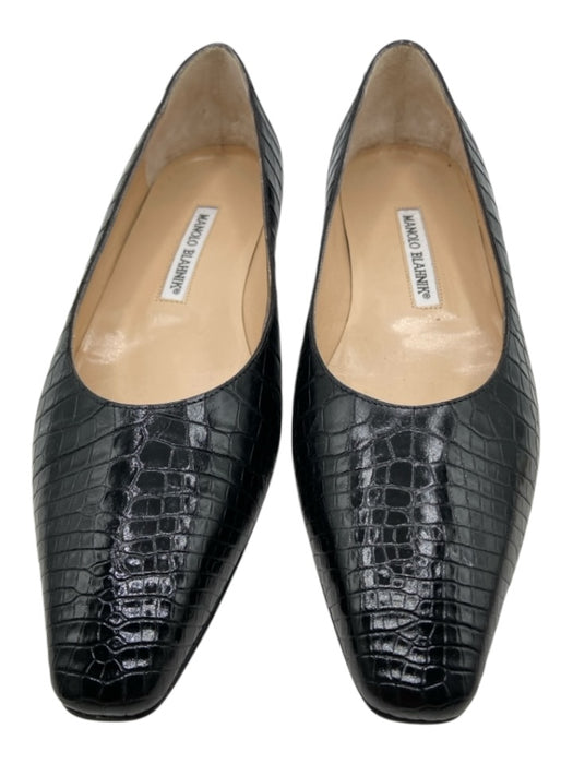 Manolo Blahnik Shoe Size 38.5 Black Croc Leather Pointed Square Toe Flats Shoes Black / 38.5